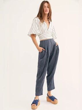 Free People See You Again Smocked Pants Stripe High Waist Size L